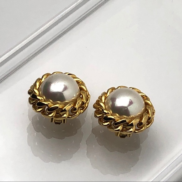 VTG CHRISTIAN DIOR FAUX PEARL CHAIN LINK EARRINGS - Picture 8 of 12